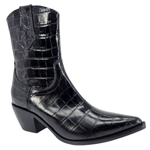 Black crocodile-patterned cowboy boot on a white background