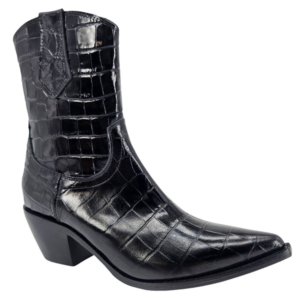 Black crocodile-patterned cowboy boot on a white background