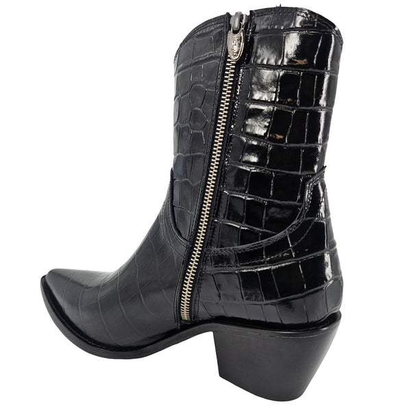 Black crocodile-patterned boot with a gold zipper on a white background