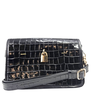Black crocodile-patterned handbag with a gold lock on a white background