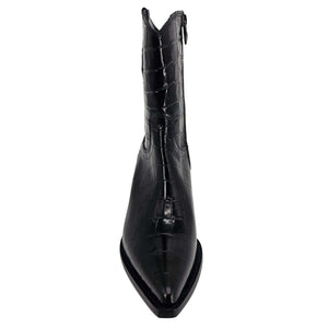 lack croc-embossed leather Western boot with a pointy toe, 2 inch stacked heel, 7.5 inch shaft, and side zipper, handcrafted in Italy by Madison Maison, side profile view against a white background.
