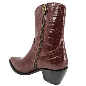 Brown crocodile-patterned boot with a zipper on a white background