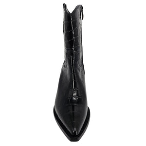 Black crocodile-patterned high-heeled boot on a white background