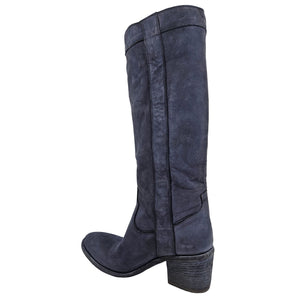 Navy blue knee-high boot on a white background