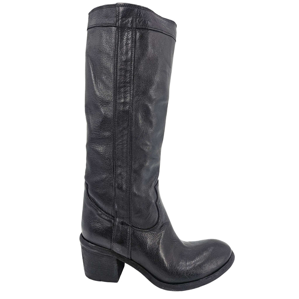 Knee-high black washed leather boot with a 2 1/4 inch stacked heel, handcrafted in Italy by Madison Maison, featuring a 14 inch shaft and smooth hand-treated finish, side profile view against a white background.
