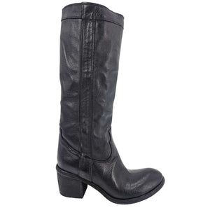 Knee-high black washed leather boot with a 2 1/4 inch stacked heel, handcrafted in Italy by Madison Maison, featuring a 14 inch shaft and smooth hand-treated finish, side profile view against a white background.