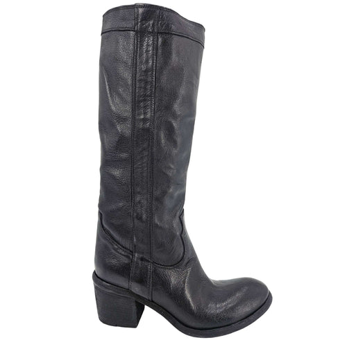 Knee-high black washed leather boot with a 2 1/4 inch stacked heel, handcrafted in Italy by Madison Maison, featuring a 14 inch shaft and smooth hand-treated finish, side profile view against a white background.