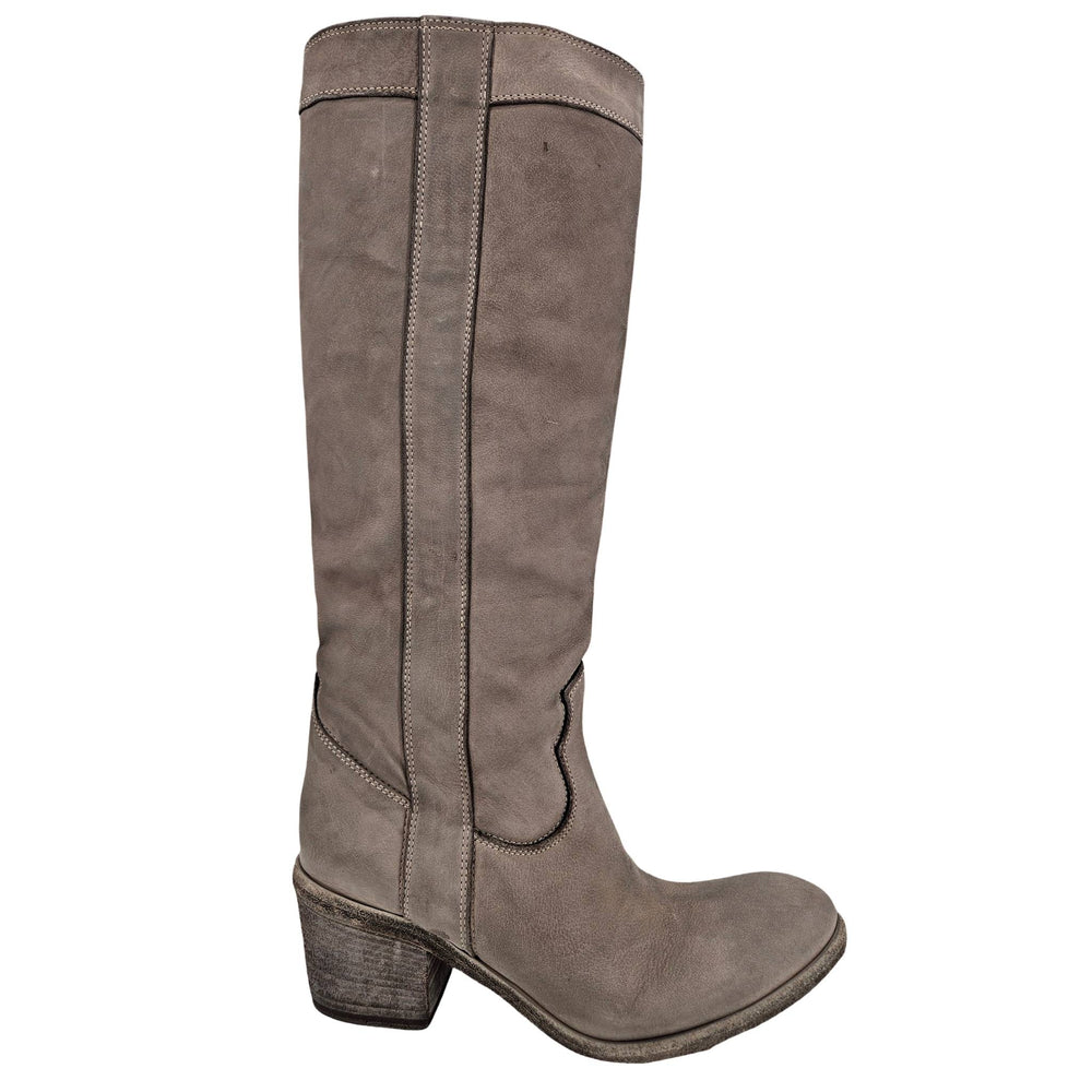 Gray knee-high boot on a white background