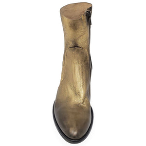 Gold leather ankle boot on a white background