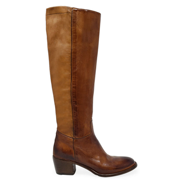 Brown knee-high boot on a white background