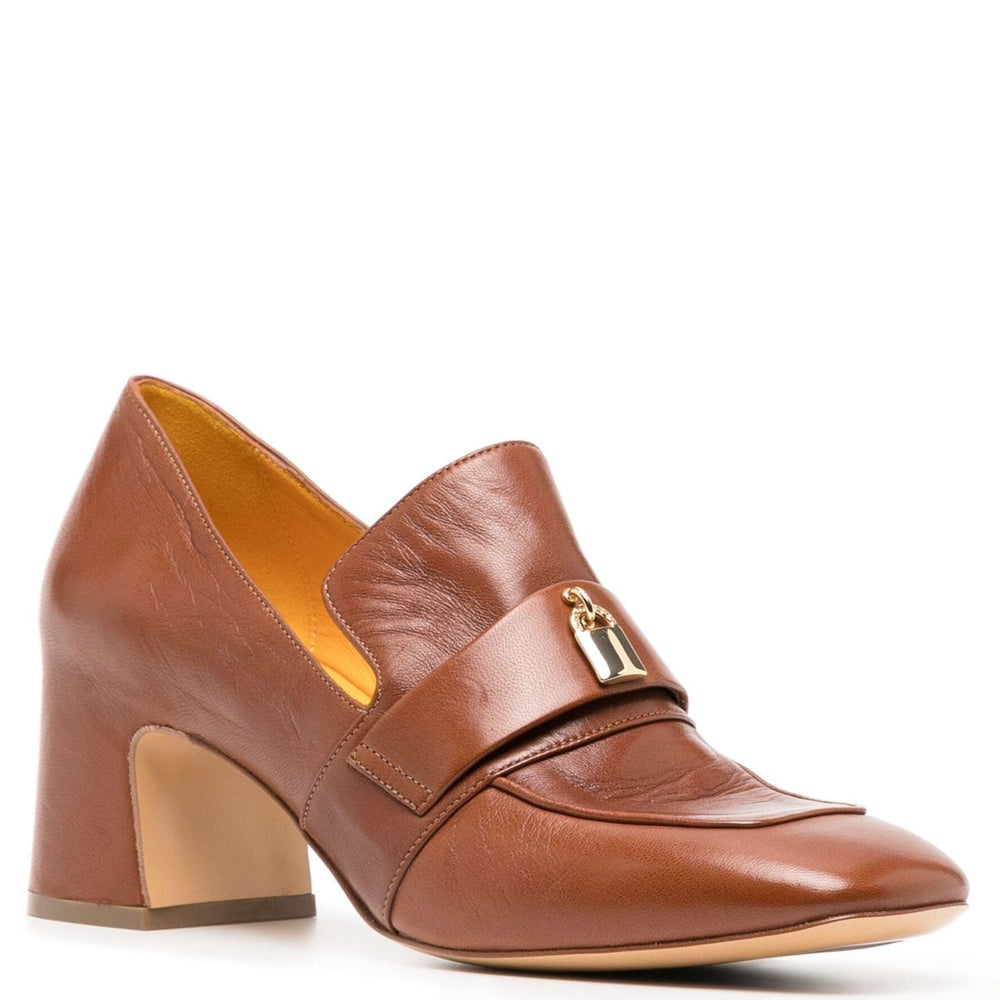 Tan leather loafer with block heel, slip-on strap and gold buckle detail