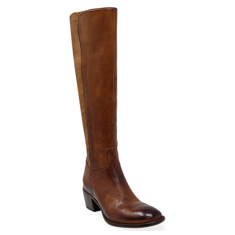 Cognac knee-high leather boot with block heel and side seam zipper