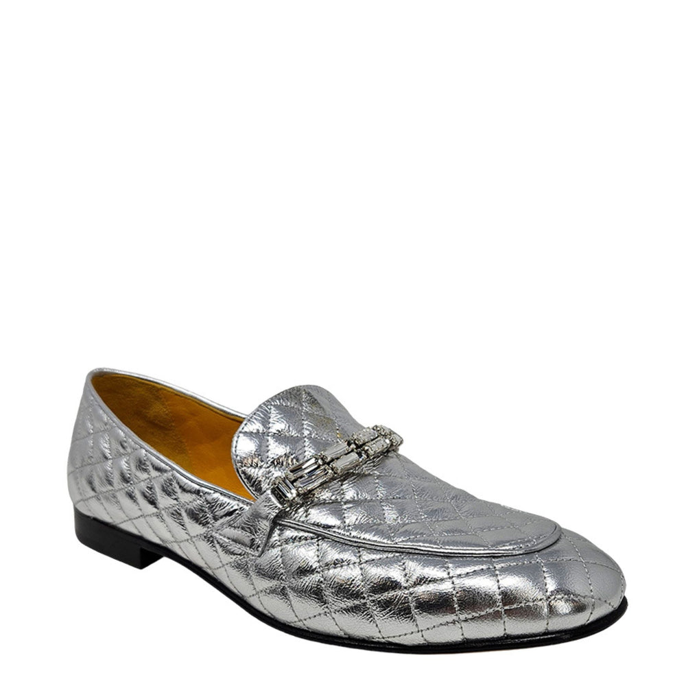 Quilted metallic silver flat loafer with decorative tassel bar and low block heel