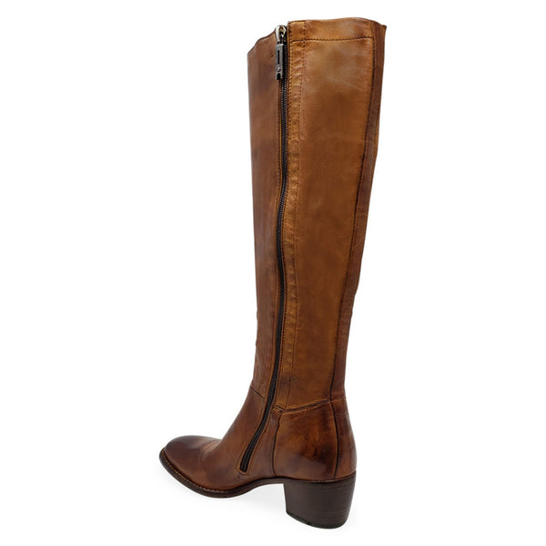 Brown knee-high boot with a zipper on a white background