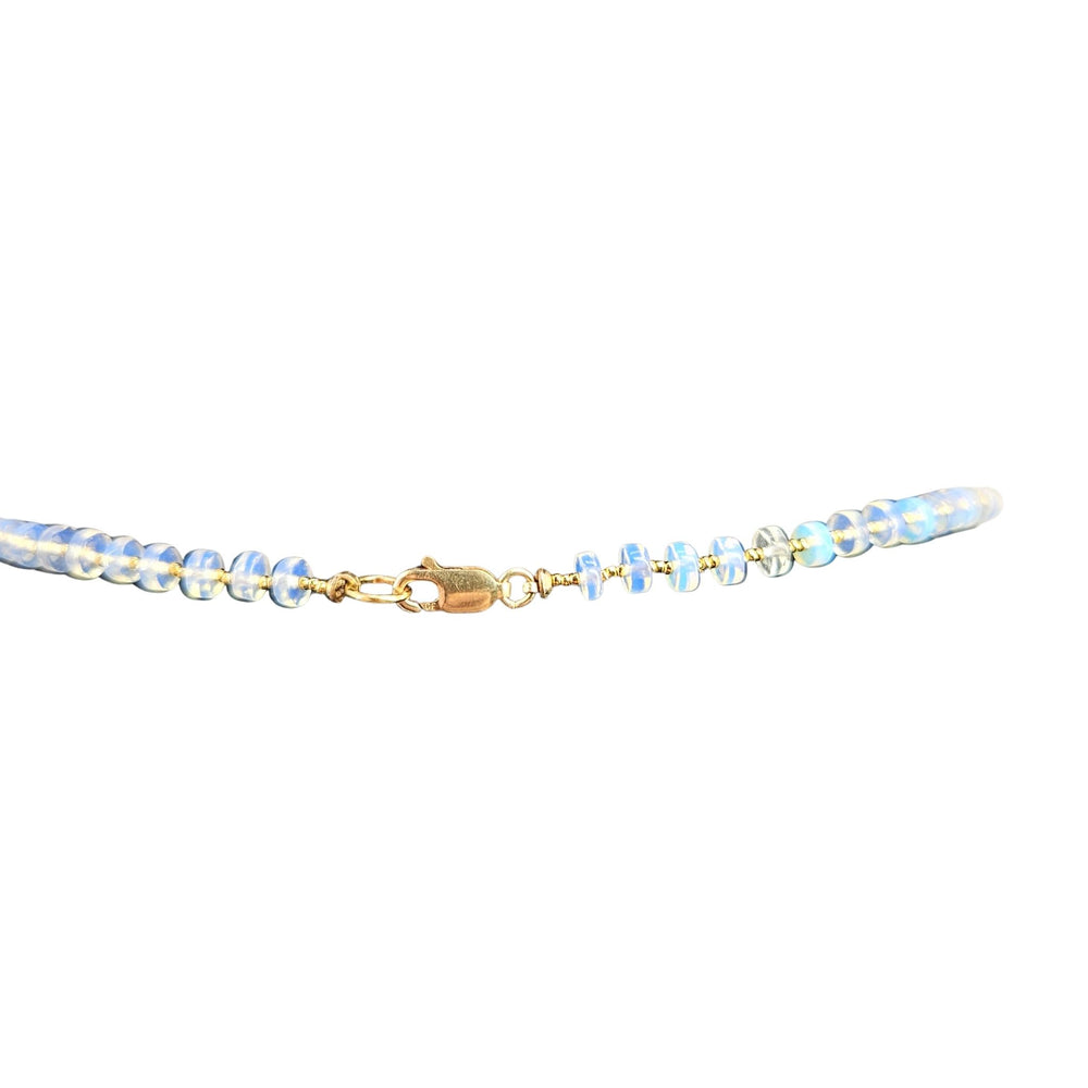 Iridescent opalite bead necklace with U-shaped strand of small round beads