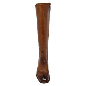 Brown knee-high boot on a white background