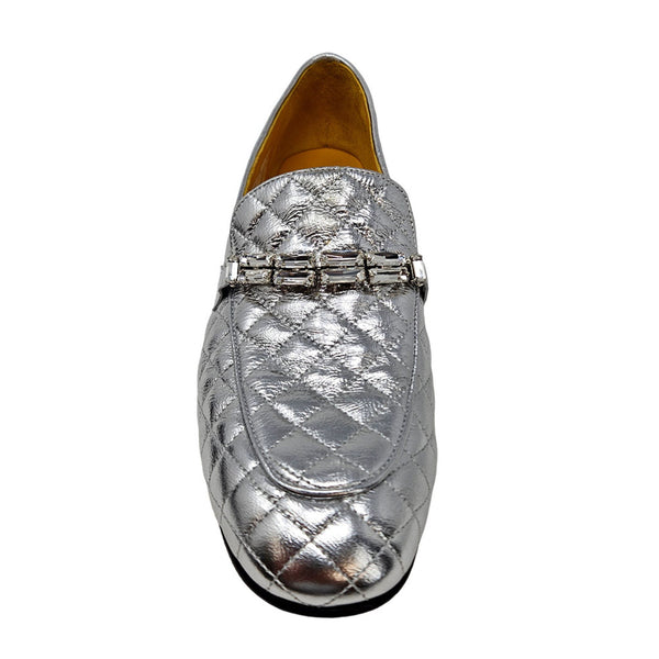 Silver loafers with a textured pattern on a white background