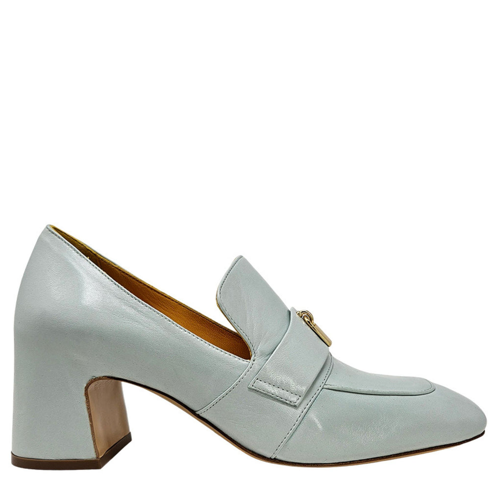 Light blue loafer shoe with a gold buckle on a white background