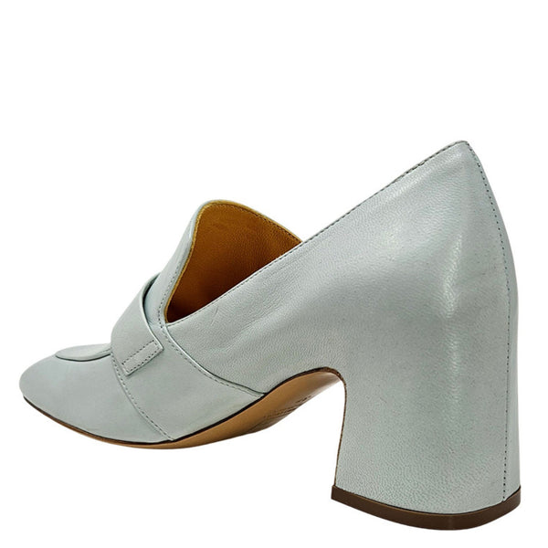 Light blue shoe with a block heel on a white background