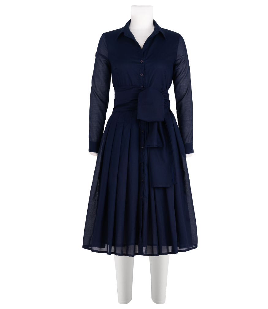 A knee-length dress with a collared neckline, three-quarter sleeves, and a flared skirt. Features a bold allover abstract pattern and fitted waist.