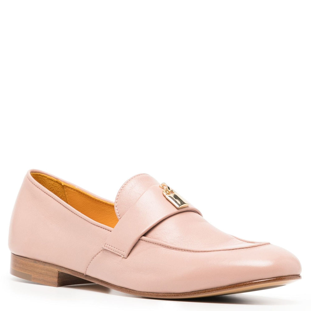 Light pink leather flat loafer with gold-tone lock detail and slip-on design