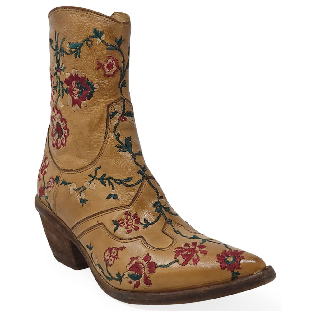 Tan leather ankle boot with floral embroidery and block heel