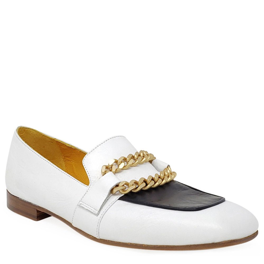 White flat loafer with gold chain detail and black side panel, low block heel