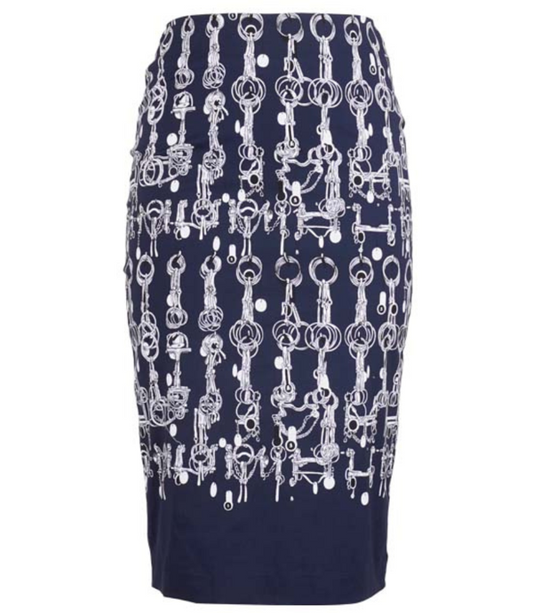 A knee-length dress with a collared neckline, three-quarter sleeves, and a flared skirt. Features a bold allover abstract pattern and fitted waist.