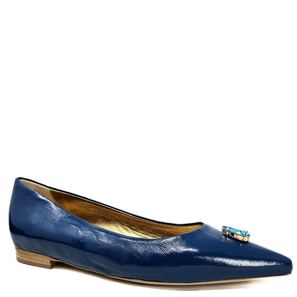Blue pointy-toe ballet flats, shiny finish, blue jewel ornament