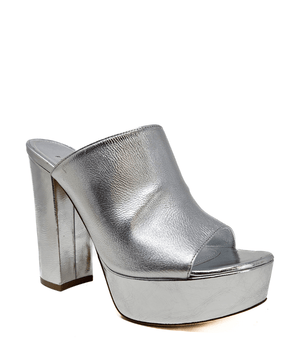 Open-toe platform mule with high block heel and wide upper strap. Features a smooth, metallic-textured finish and slip-on design for elevated wear.