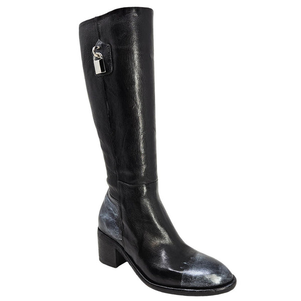 Black knee-high boot with a silver zipper on a white background