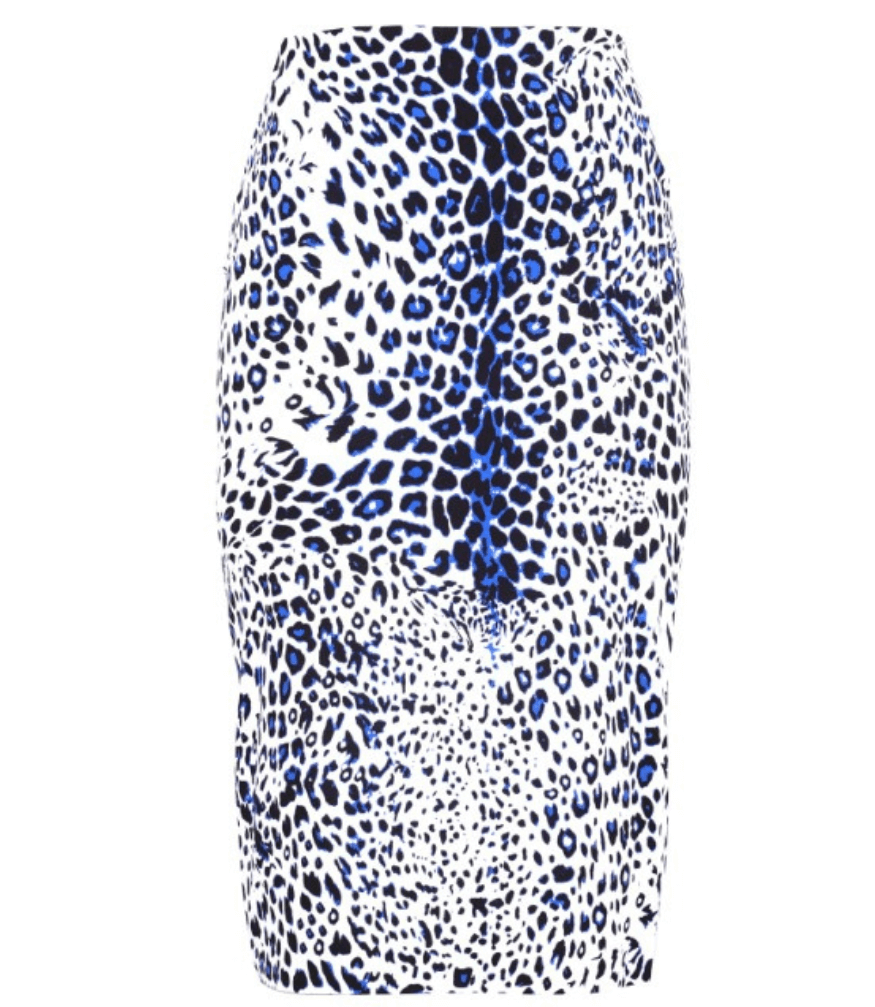 A knee-length dress with a collared neckline, three-quarter sleeves, and a flared skirt. Features a bold allover abstract pattern and fitted waist.