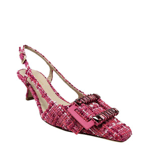 Pink tweed slingback shoe with a decorative buckle on a white background
