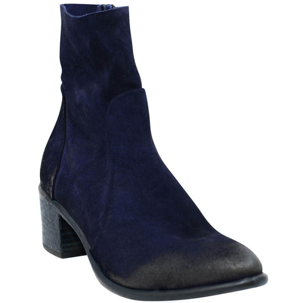 Navy blue suede ankle boot on a white background
