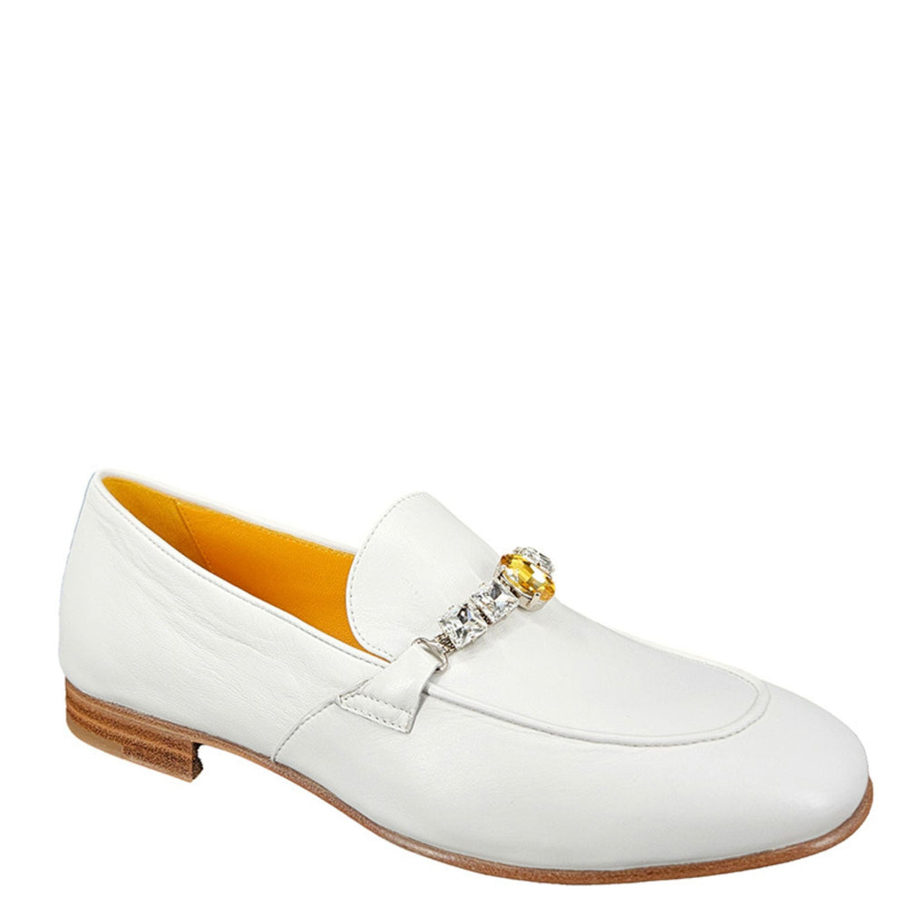 White leather flat loafer with jeweled buckle detail and rounded toe