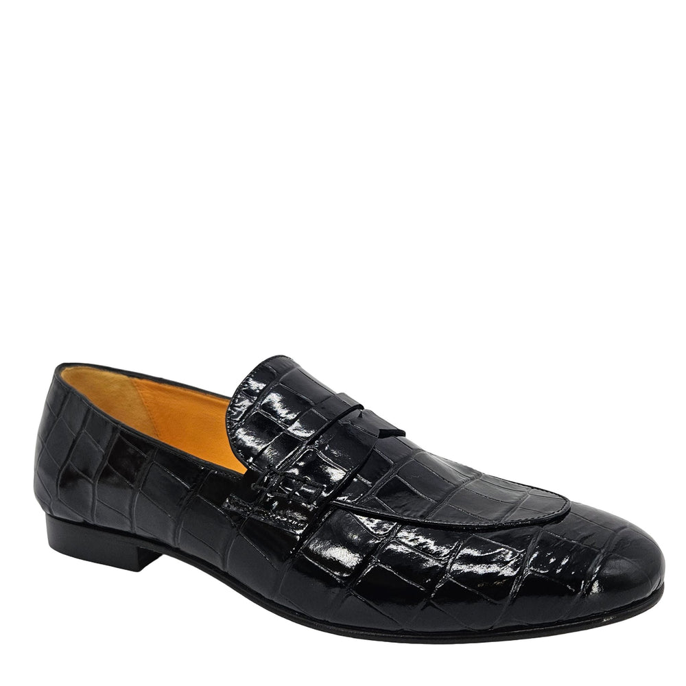 Black croc-embossed leather moc-toe flat loafer with low block heel