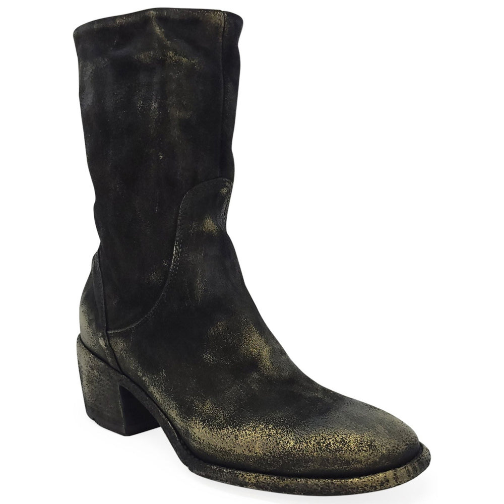 Mid-calf suede metallic boot with chunky heel and rounded toe