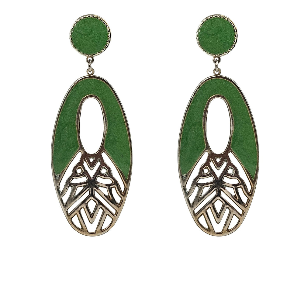Green enamel oval drop earrings with gold-tone filigree pattern and small round studs