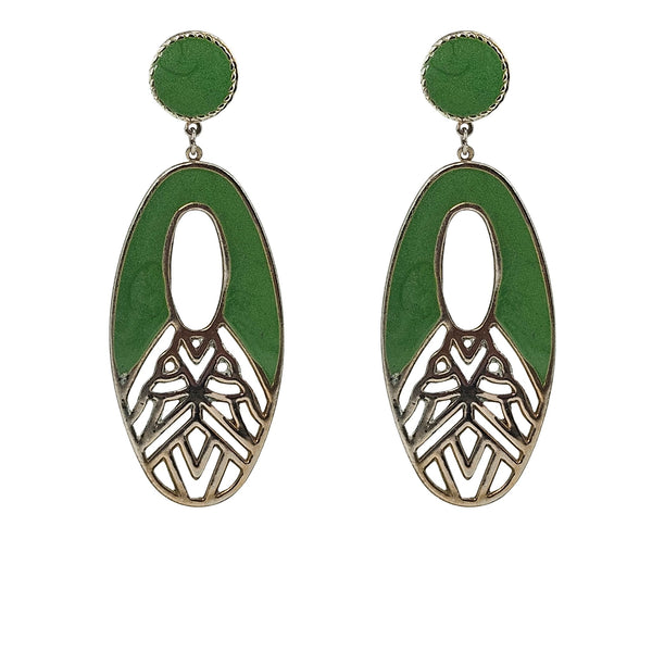 Vintage 1970s Dramatic Green Enamel Gold Earrings