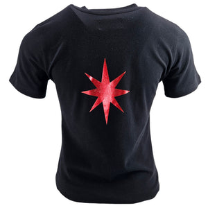 Black t-shirt with a red star design on a white background