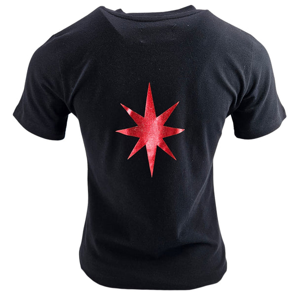 Black t-shirt with a red star design on a white background