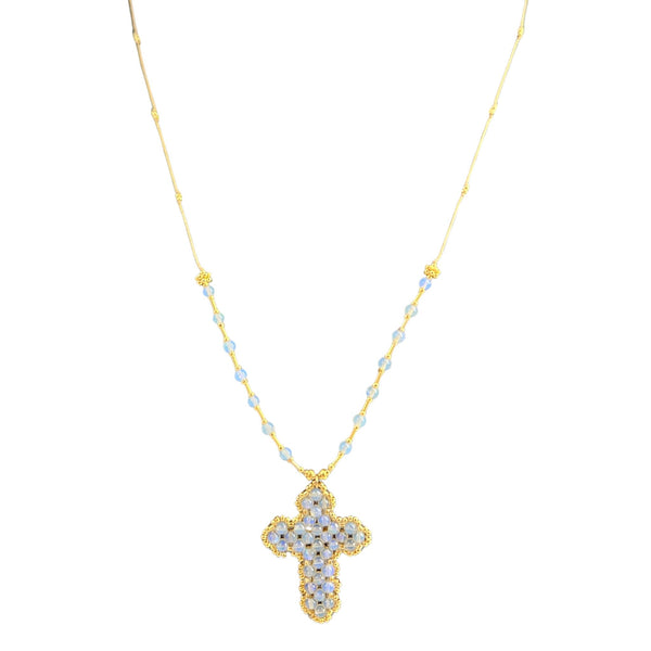 Gold necklace with a cross pendant on a white background