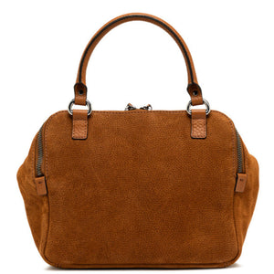 Brown handbag with leather straps on a white background