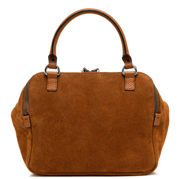 Brown handbag with leather straps on a white background