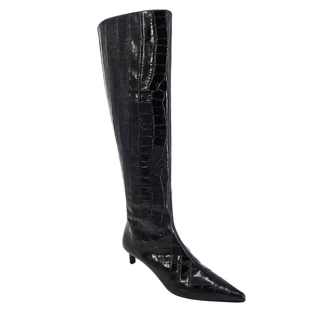 Black tall boot with crocodile-textured look, pointed toe, and low kitten heel