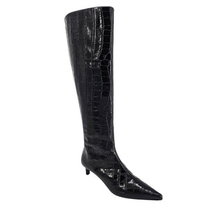 A black, knee-high boot with a mock crocodile texture and a slender kitten heel. The boot has a pointed toe.