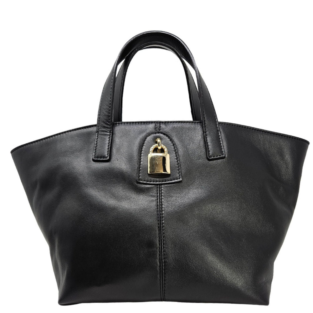 Black leather lock tote bag with top handles and gold-tone padlock clasp