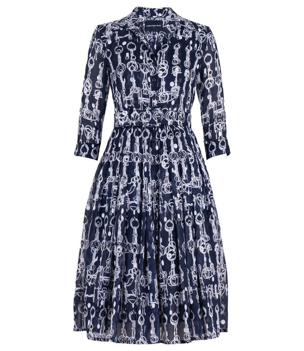 A knee-length dress with a collared neckline, three-quarter sleeves, and a flared skirt. Features a bold allover abstract pattern and fitted waist.