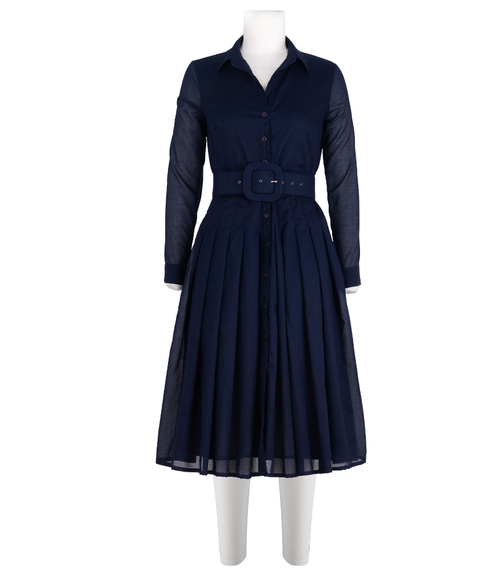 A knee-length dress with a collared neckline, three-quarter sleeves, and a flared skirt. Features a bold allover abstract pattern and fitted waist.