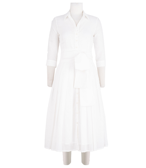 A knee-length dress with a collared neckline, three-quarter sleeves, and a flared skirt. Features a bold allover abstract pattern and fitted waist.